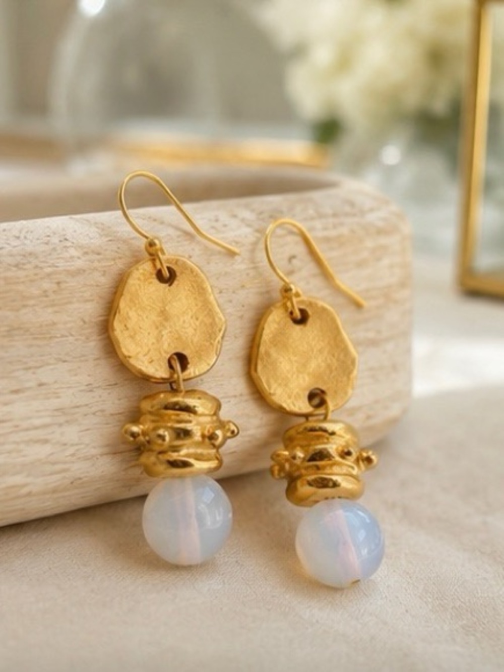 Gold Drop 14 k Earrings with Opalescent Beads - Women's Jewelry- plated 14k